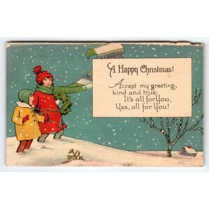 Vintage Christmas Postcard Children in Snow with Holiday Greeting